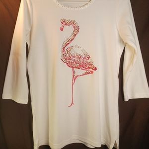 Small Womens Flamingo Vacation Sparkle Bling Sequin Sequined 3/4 Sleeve T-Shirt.